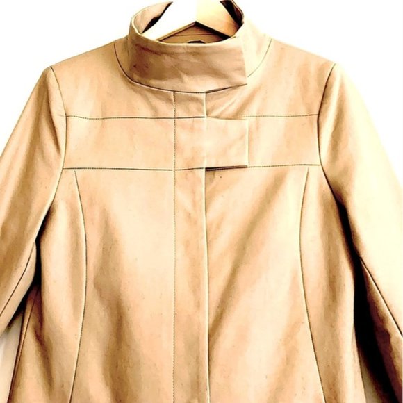 Trench Coat Camel Color Mock Turtleneck Collar Mid Length - Picture 3 of 9